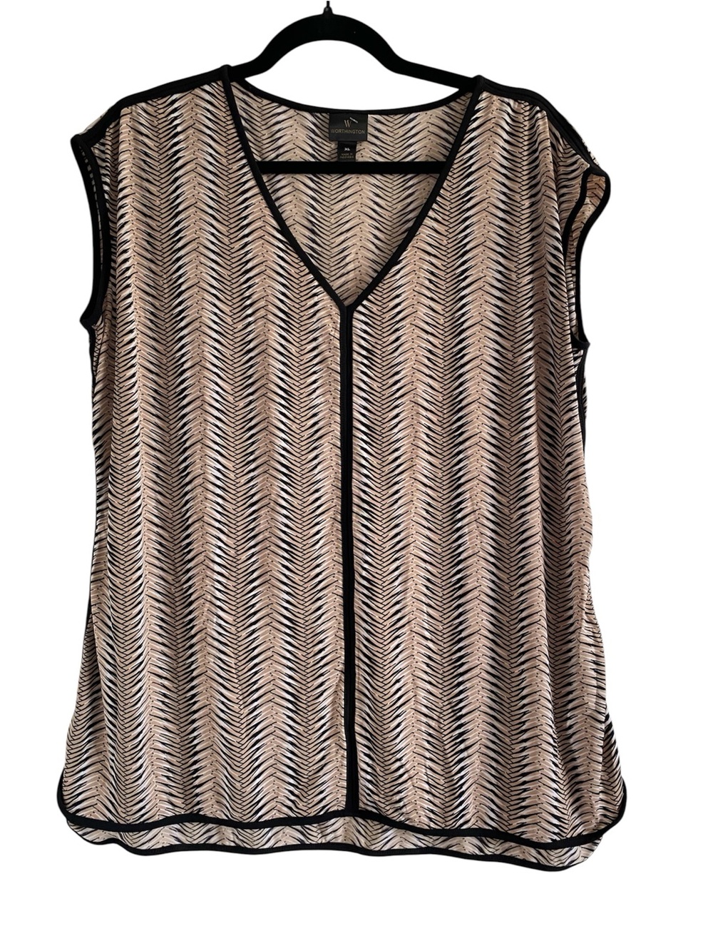 Worthington XL Abstract Chevron Print Piped Blouse Neutral Cap Sleeve Top
